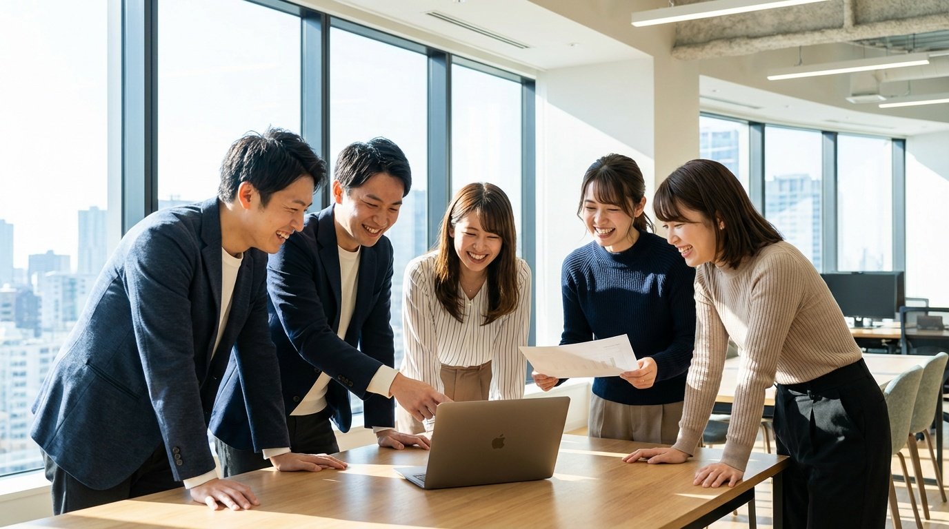 オフィスで楽しく働く若手スタッフの様子